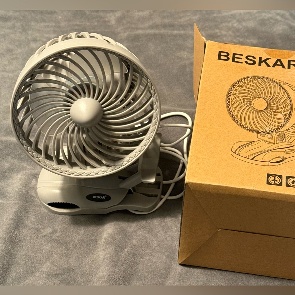 BESKAR MINI Portable Clip-On Small Desk Fan - Light Gray NWT (Sealed)